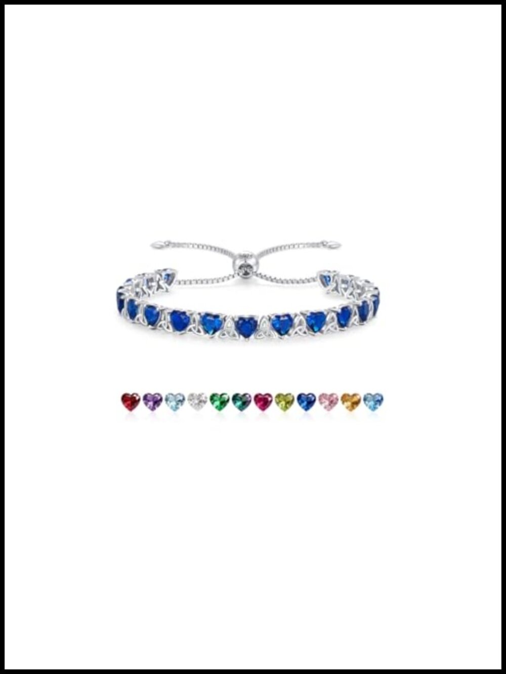 Sterling Silver Tennis Bracelet Heart Sapphire Adjustable 6-8 Inch Gift